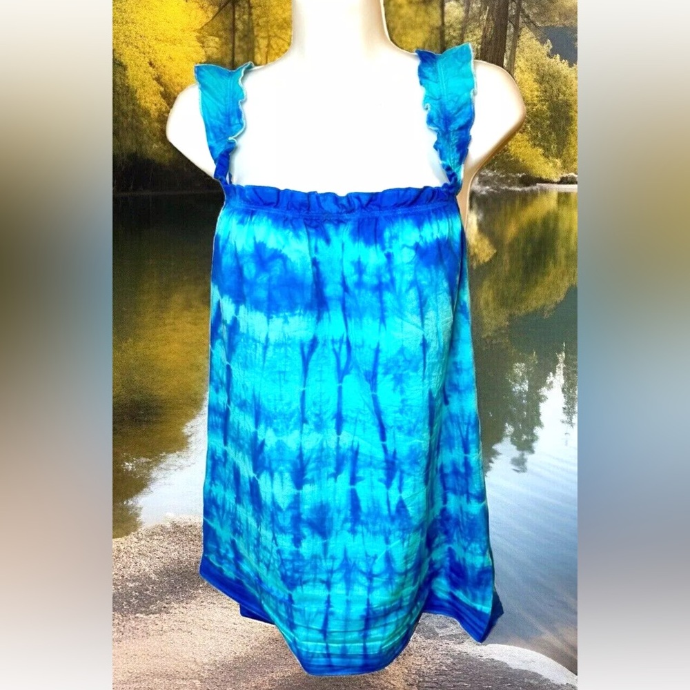 💦OP💦 VTG TYE-DYE COTTON CAMI RUFFLE STRAPS RELAXED TUNIC CAMI TOP EUC☀️